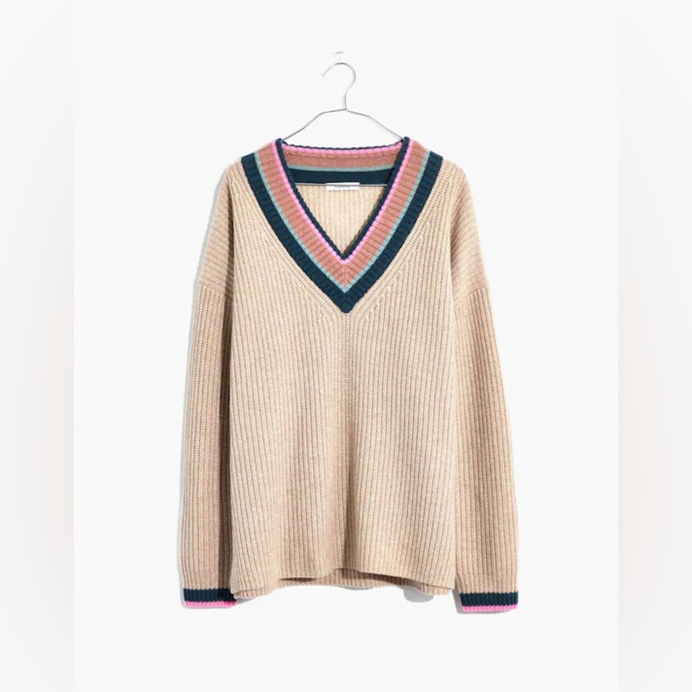 MADEWELL Tipped Forrest V-Neck Sweater Heather Birch Wool Knit Size Medium